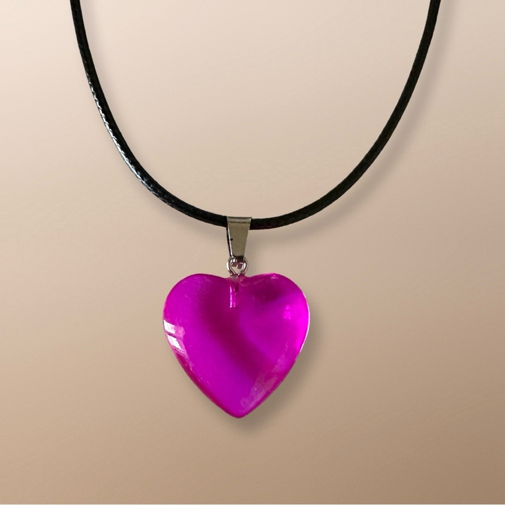 ⭐️ 5 for $25 Pink Heart Shaped Crystal Glass Pendant Necklace on Black Cord